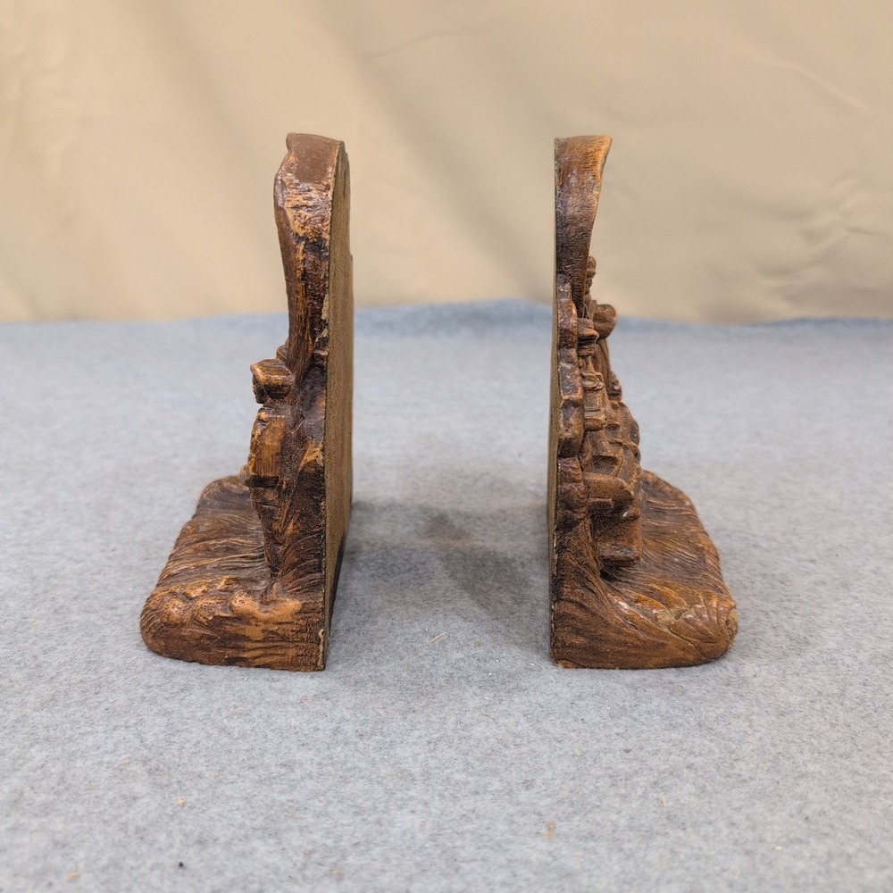 Vintage Western Covered Wagon Oxen Pioneer Bookends Set Rustic Faux Wood Resin - Picture 4 of 6
